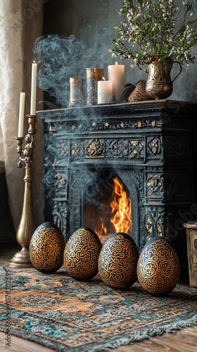 Orthodox Easter eggs with gold labyrinth motifs, brass censer and candles on wool rug, monastic charcoal-gray cultural scene
