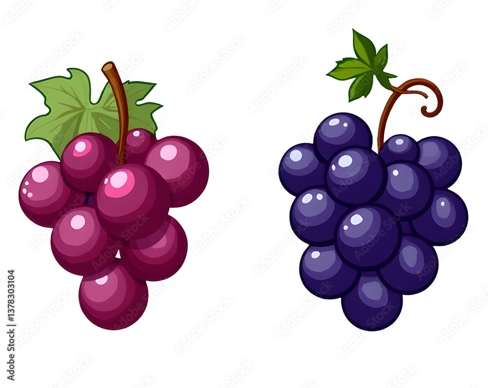 Illustration of two clusters of grapes, one purple and one dark blue. cut out,isolated, transparent background