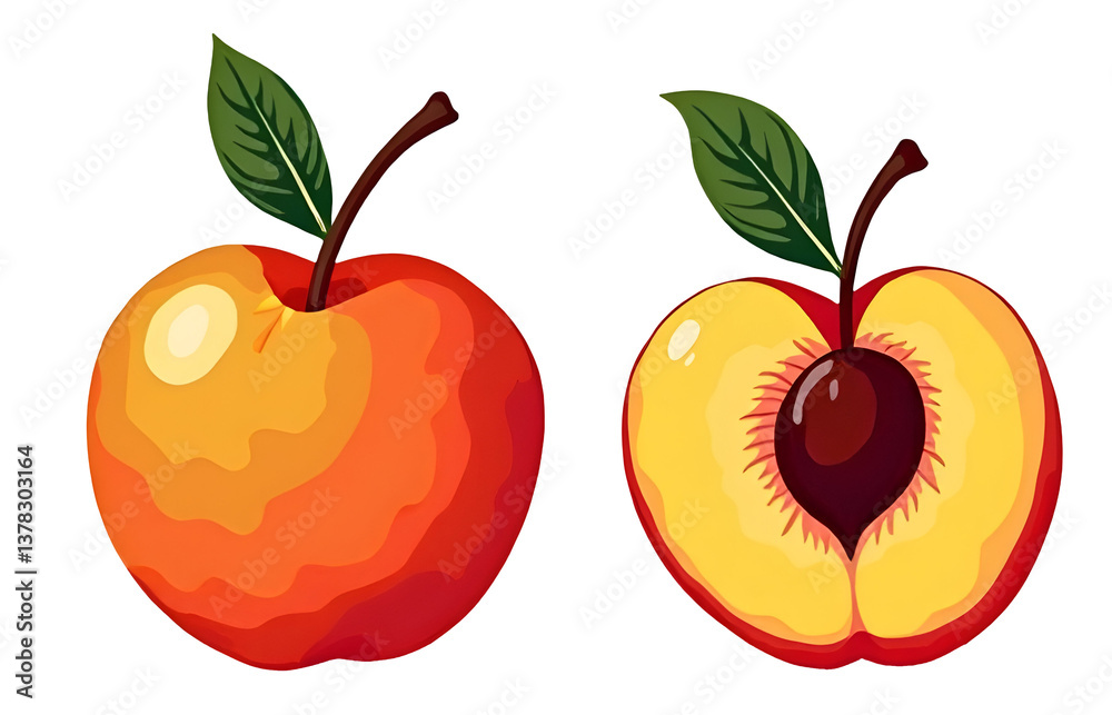 Colorful illustration of an apple, showing both its exterior and cross-section with a stone. cut out,isolated, transparent background
