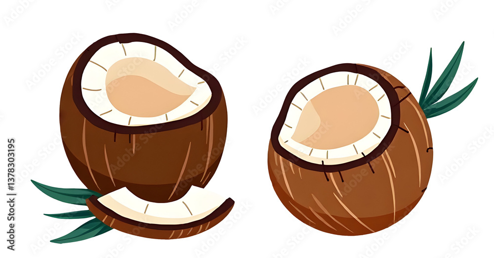 Two halves of a coconut with a light brown center and green leaves. cut out,isolated, transparent background
