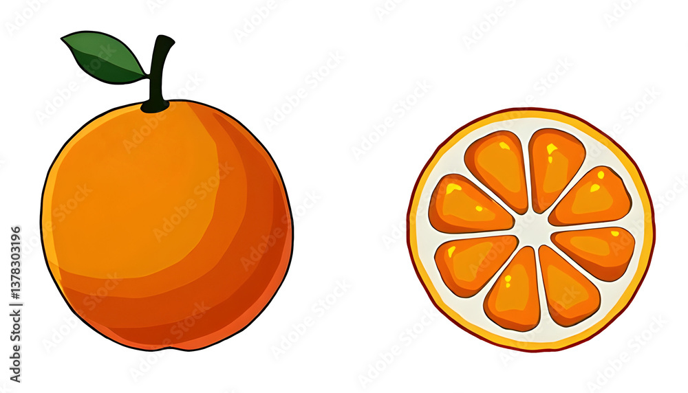 A vibrant orange and its sliced counterpart displayed . cut out,isolated, transparent background