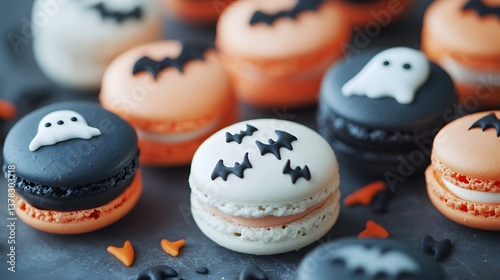 Friends sharing Halloween macarons decorated with ghost and bat designs