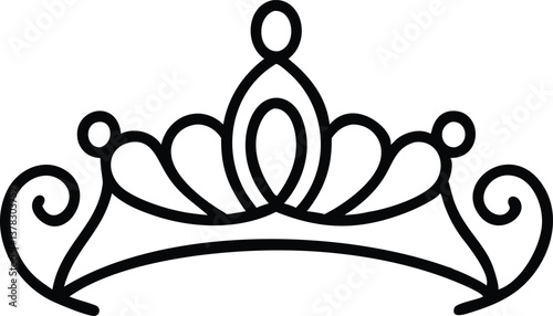 Tiara Outline Design, Black Line Art, Curled Sides, Transparent Background
