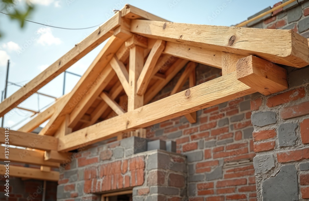 Obraz premium Wooden roof truss construction over red brick wall. House framework building site in progress. New home construction, renovation, rebuilding, industry tech, architecture, engineering. Building