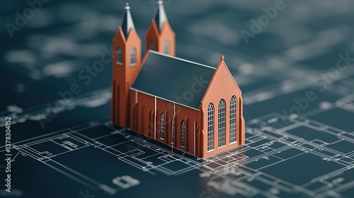 Architectural model showcase miniature church design on blueprints indoor environment high-detail viewpoint photo