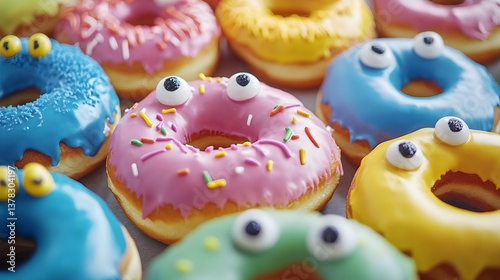 Tray of monster donuts with googly eyes and colored icing for Halloween fun