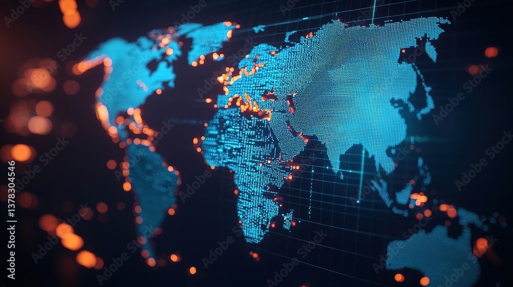 Obraz premium Global connectivity visualized digital world map technology data visualization cyber environment aerial perspective