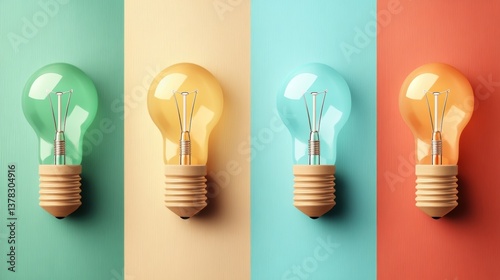 Four colorful light bulbs on pastel backgrounds create a vibrant composition, ideal for themes of innovation, energy, or creativity in marketing materials or blog posts,