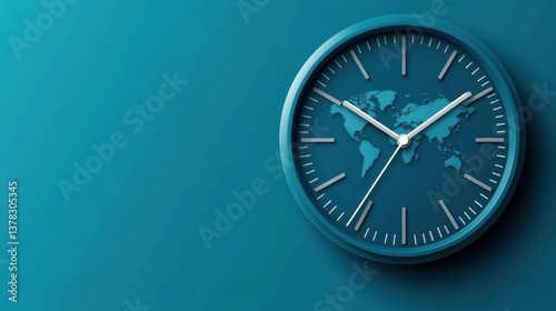 A modern, teal-colored wall clock featuring a world map, ideal for themes of global timekeeping, travel, or interior design, Perfect for websites, brochures