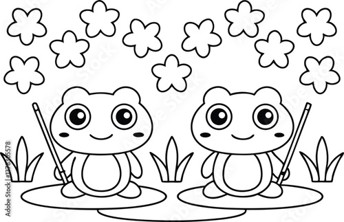 Cute Cartoon Frogs with Fishing Rods, Flowers, Nature Line Art, Transparent Background