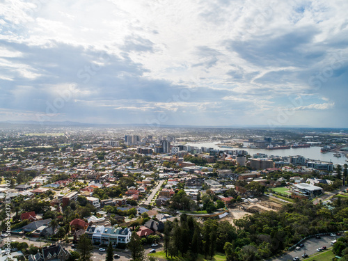 Aerial view of Newcastle city with houses and apartments in urban sprawl