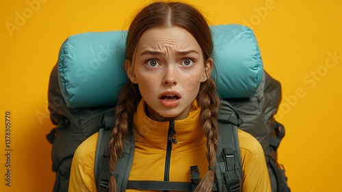 A concerned woman wearing a backpack looking directly at the viewer