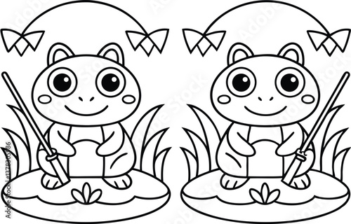 Cartoon Frogs on Lily Pads with Fishing Rods Line Art