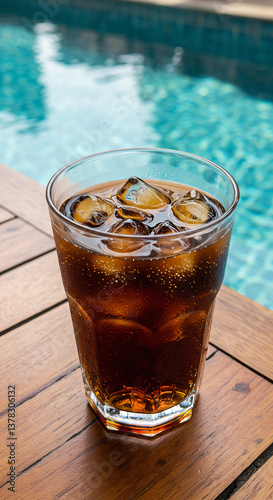 Bebida refrescante na piscina com céu azul / Refreshing drink by the pool with blue sky