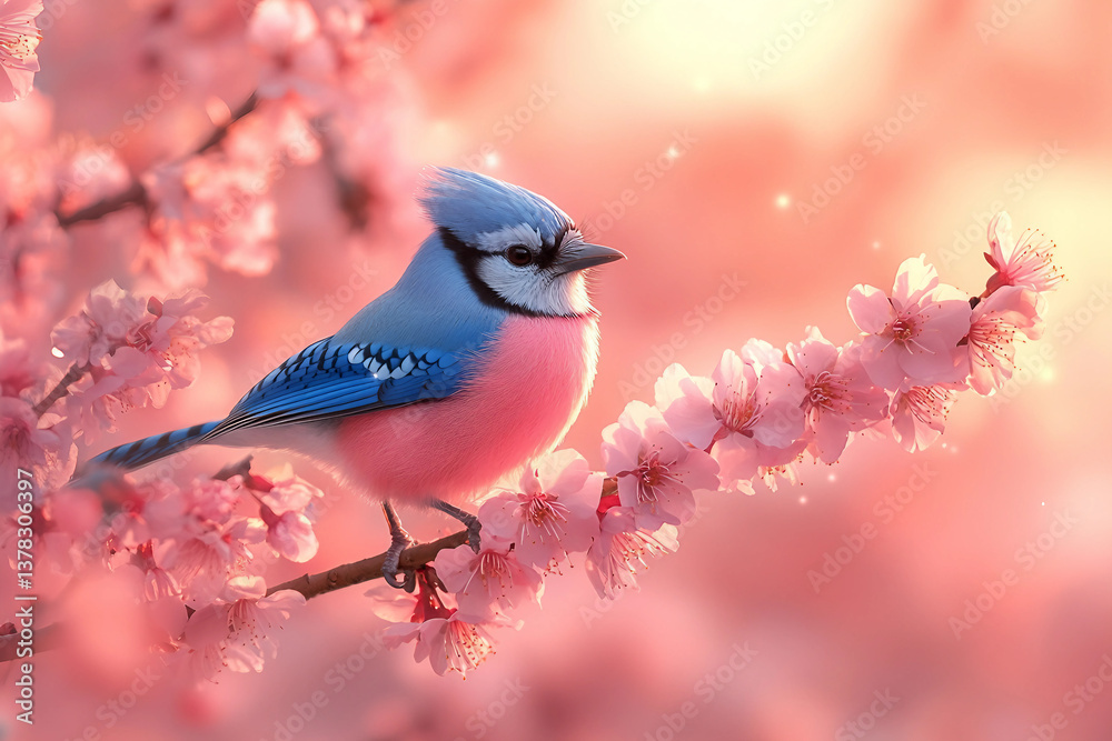 Obraz premium Vibrant Blue Jay Perched on Cherry Blossom Branch in Springtime Glow - Generative AI