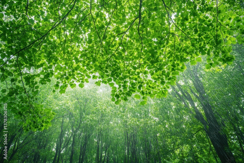 Lush green leaves create a natural canopy in a rain forest, trees stretching high. Use to show nature, peace, calm, or a healthy environment in your design. Lush green leaves create a natural canopy in a rain forest, trees stretching high. Use to show nature, peace, calm, or a healthy environment in your design.