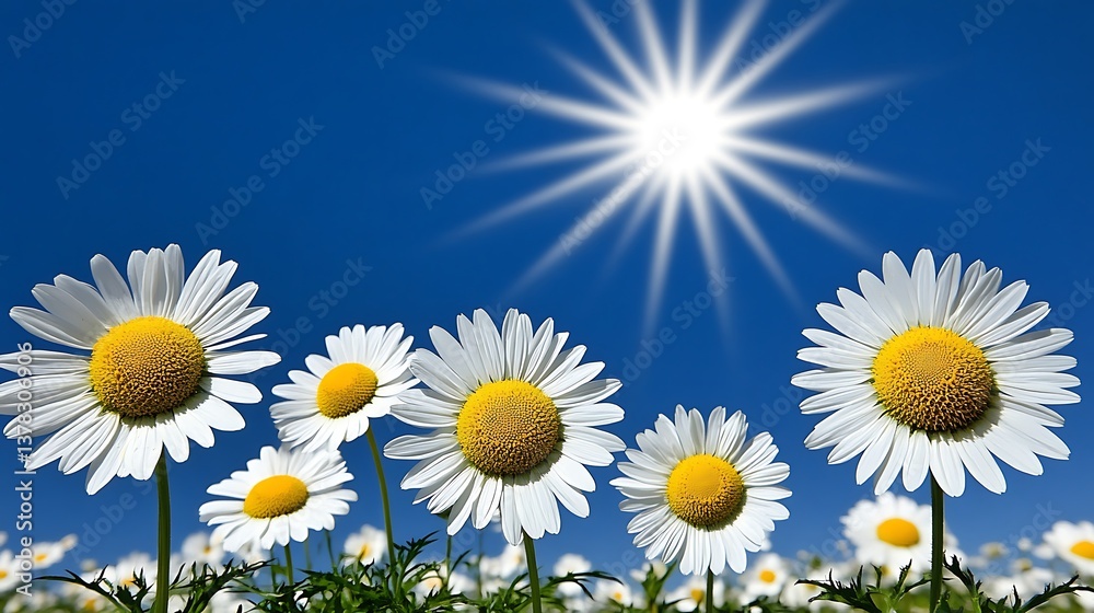 Beautiful daisy flowers under a bright shining sun in the sky Beautiful daisy flowers under a bright shining sun in the sky