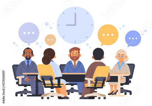 Working hours concept vector illustration. Group of diverse business people work at big table, clock and dialogue chats under them. Flat vector illustration