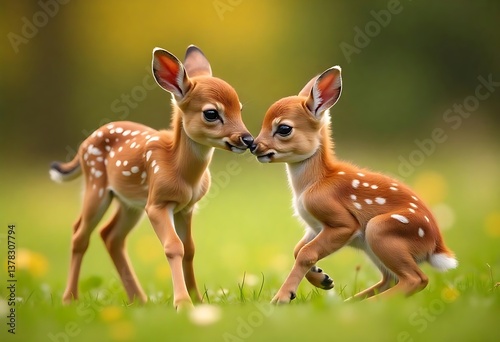 Generative AI Two Fawn Interaction in Meadow: A captivating scene showcasing the innocence and charm of young deer in their natural habitat