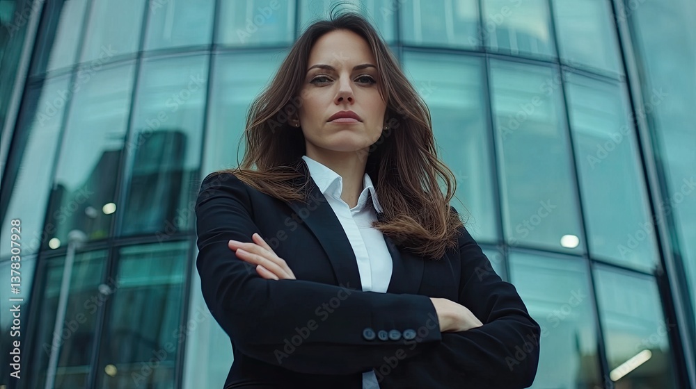 Fototapeta premium Confident businesswoman standing outside modern office building