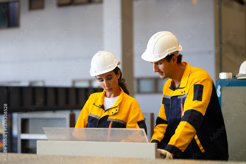 Unity and teamwork concept. Two professional engineer worker working control sheet metal roof tile roll forming machine at metal sheet profiling factory. Industrial production. Teamwork Unity and teamwork concept. Two professional engineer worker working control sheet metal roof tile roll forming machine at metal sheet profiling factory. Industrial production. Teamwork