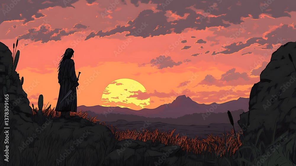 Fototapeta premium Sunset Warrior with Mountain Vista.
