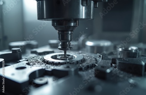 CNC turning machine cutting metal parts in workshop. Industrial manufacturing, metalworking process, machining, tool work, turning, industry, technology, engineering. Precision metal cutting,