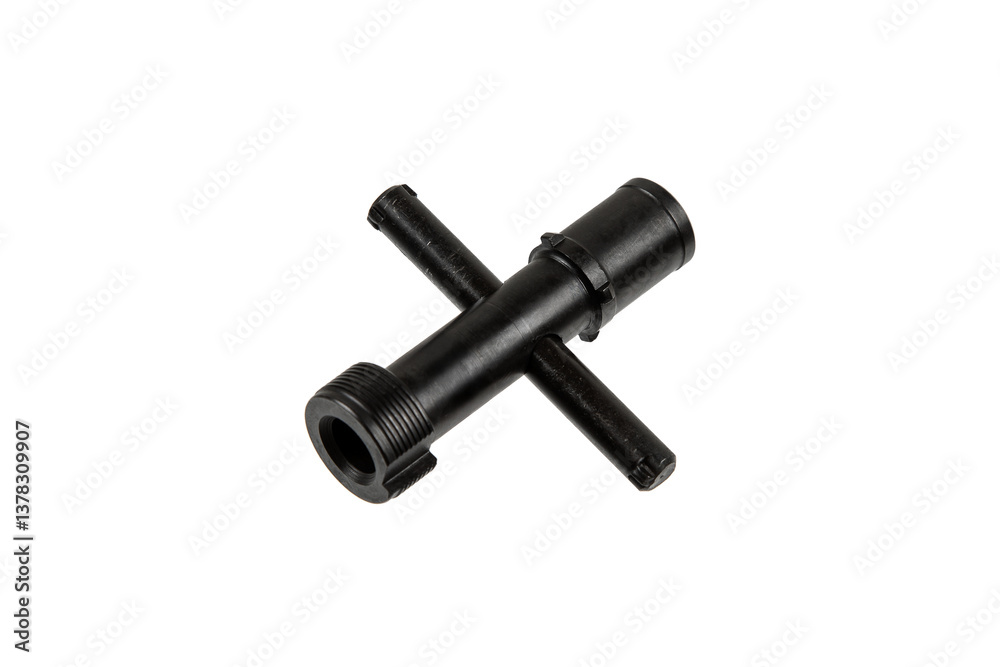 A sleek black wrench for choke tubes in smoothbore shotgun barrels, with a cylindrical body and crossbar grip, displayed on a clean white background. A sleek black wrench for choke tubes in smoothbore shotgun barrels, with a cylindrical body and crossbar grip, displayed on a clean white background.