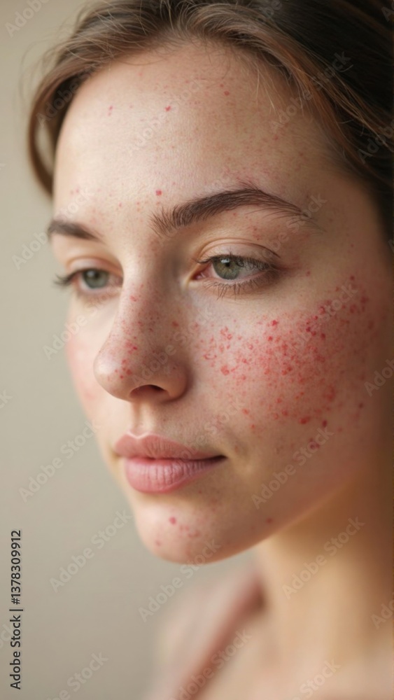 Fototapeta premium A young woman with a serene expression showcases her natural skin, revealing freckles and blemishes. Soft lighting highlights her genuine beauty and confidence, enhancing natural features.