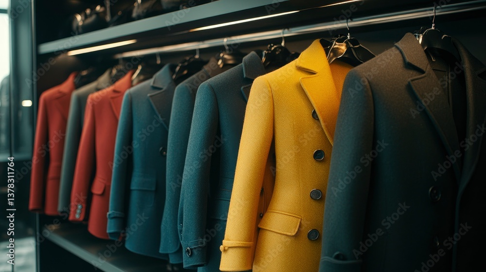 Obraz premium Luxury Men's Overcoats and Suits Hanging in a Chic Boutique