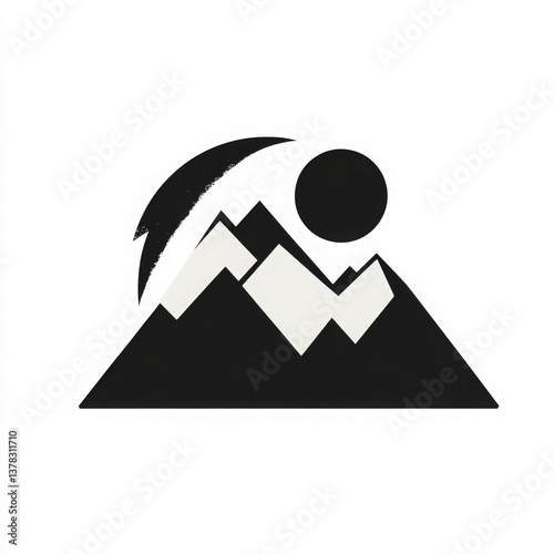 Minimalist black and white mountain and sun/moon icon for outdoor adventure branding, logo design, or nature-inspired projects. Geometric silhouette of peak and circle symbolizing strength.