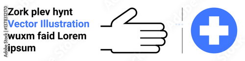 Hand graphic with open palm next to blue medical cross for teamwork, aid, first aid, caregiving, well-being, partnership, collaboration. Ideal for health topics, support systems simple landing page