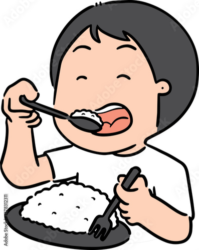 Illustration of man eating rice
