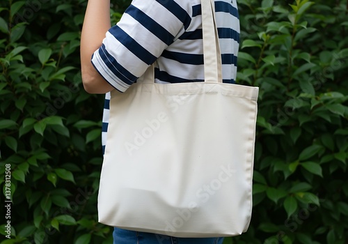 A person confidently carries a blank, cream-colored tote bag against a lush green backdrop, symbolizing eco-consciousness and simple style with a natural, soft light.