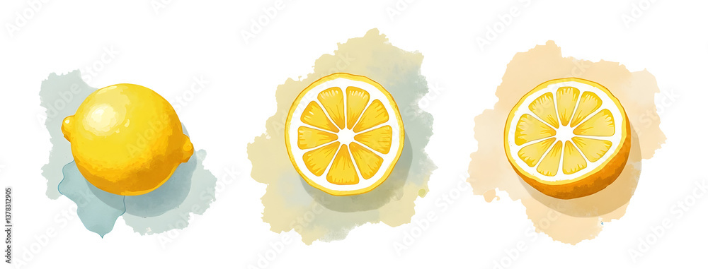 Three illustrations of lemons: whole, sliced, and halved. cut out,isolated, transparent background