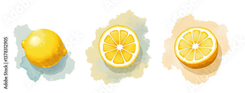 Obraz na płótnie Three illustrations of lemons: whole, sliced, and halved. cut out,isolated, transparent background w salonie