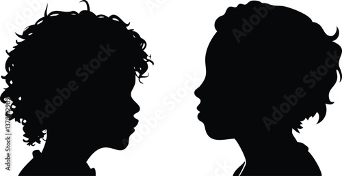 African Kids Silhouette Profiles with Curly Hair, Face to Face, Transparent