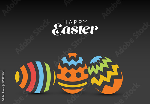 Colorful minimalist Easter greeting card template with Easter Eggs on dark gray background