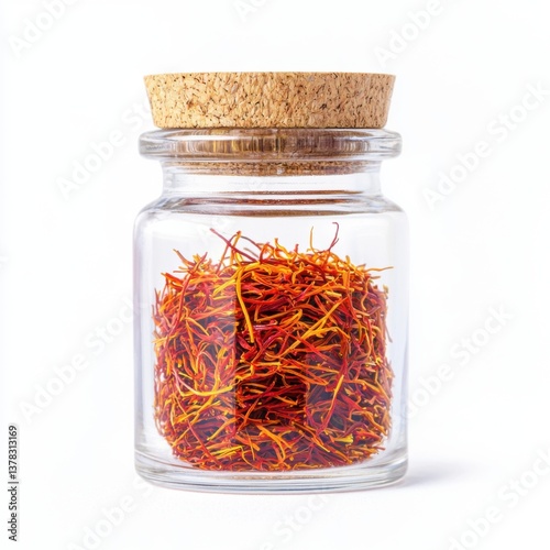 Small round glass jar with vivid saffron threads carefully layered inside, isolated on white background, luxury spice detail