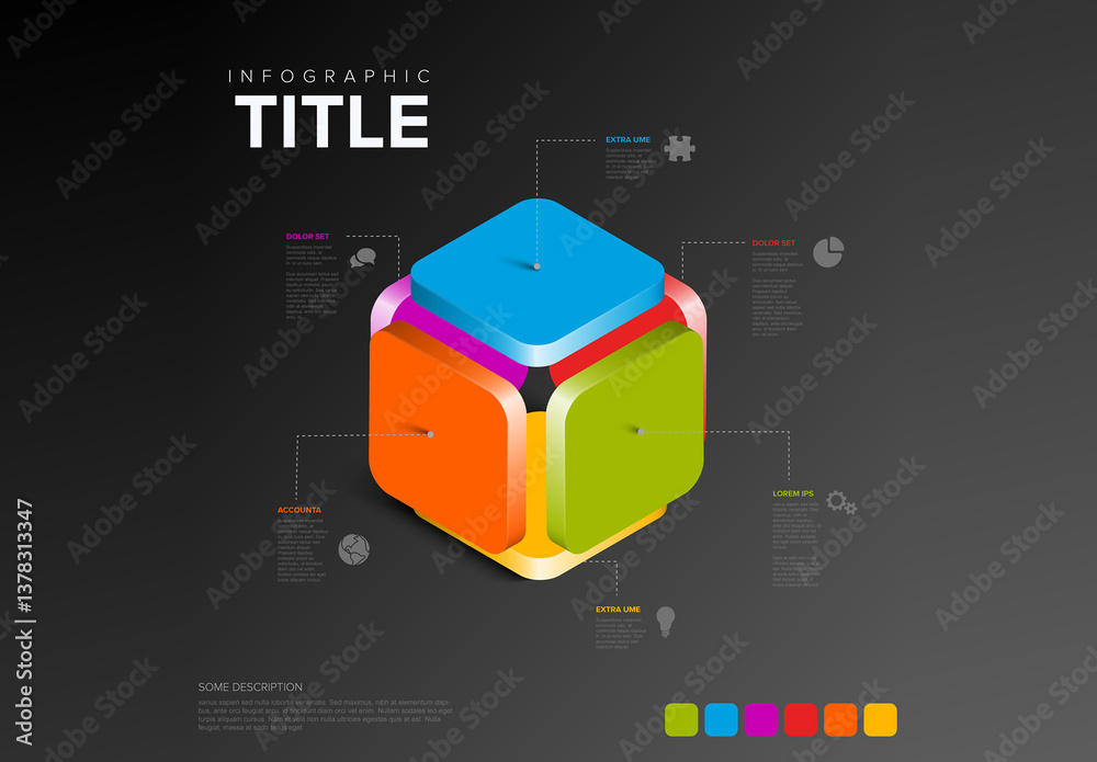 Colorful 3D Infographic Cube made from six plates with Explanatory Text items on dark background