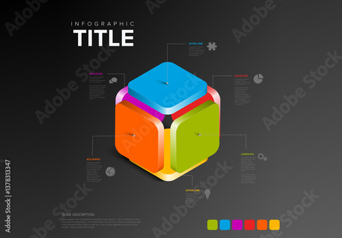 Obraz na płótnie Colorful 3D Infographic Cube made from six plates with Explanatory Text items on dark background w salonie