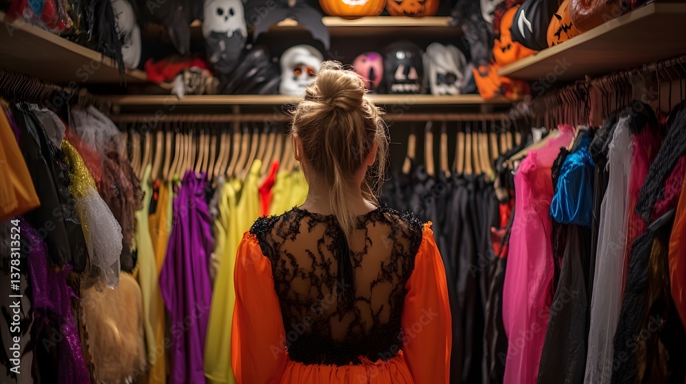 Woman browsing through a rack of Halloween costumes with various spooky outfits Woman browsing through a rack of Halloween costumes with various spooky outfits