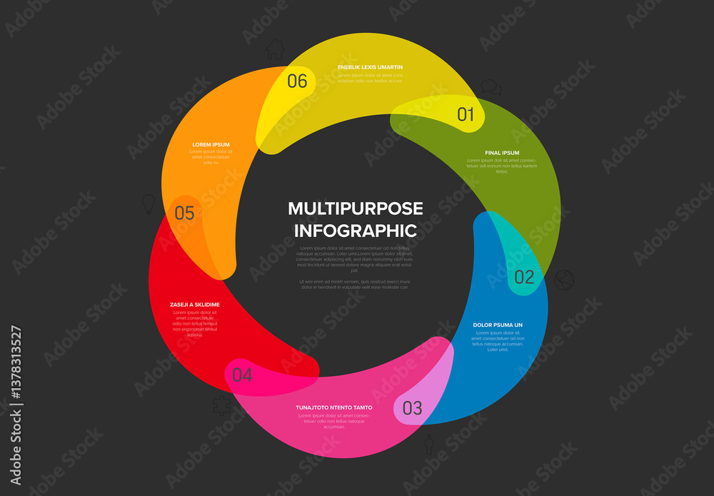 Circular Multipurpose Infographic Template Cycle with Six Sections icons and numbers on black background