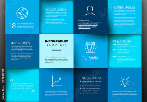 Obraz na płótnie Blue Infographic Template Design with colorful blocks, icons, and placeholder text w salonie