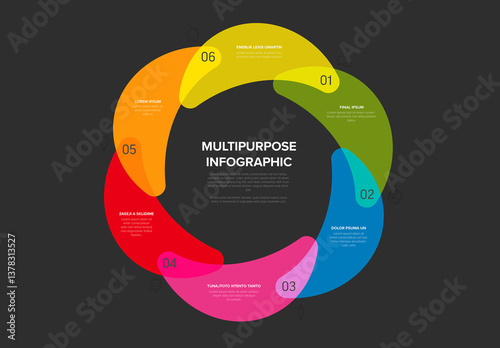 Obraz na płótnie Circular Multipurpose Infographic Template Cycle with Six Sections icons and numbers on black background w salonie