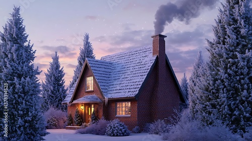 A cozy brick cottage with a sloping roof, warmly illuminated in a winter scene, surrounded by tall, frosted evergreens, smoke curling from the chimney, twilight sky with gentle flurries, 32k, full ult