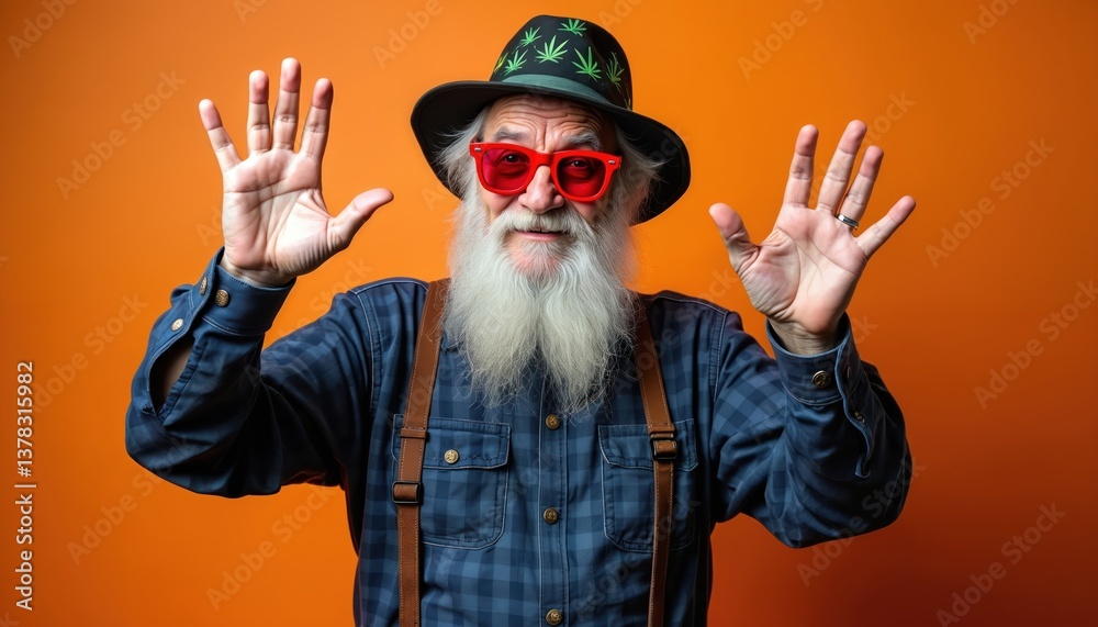 Wealthy mature man shows open palms. Elderly gentleman with red sunglasses, hat, long white beard on orange backdrop. Positive vibes, success symbol. Millionaire, winner, rich retired person, studio Wealthy mature man shows open palms. Elderly gentleman with red sunglasses, hat, long white beard on orange backdrop. Positive vibes, success symbol. Millionaire, winner, rich retired person, studio