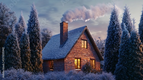 A cozy brick cottage with a sloping roof, warmly illuminated in a winter scene, surrounded by tall, frosted evergreens, smoke curling from the chimney, twilight sky with gentle flurries, 32k, full ult