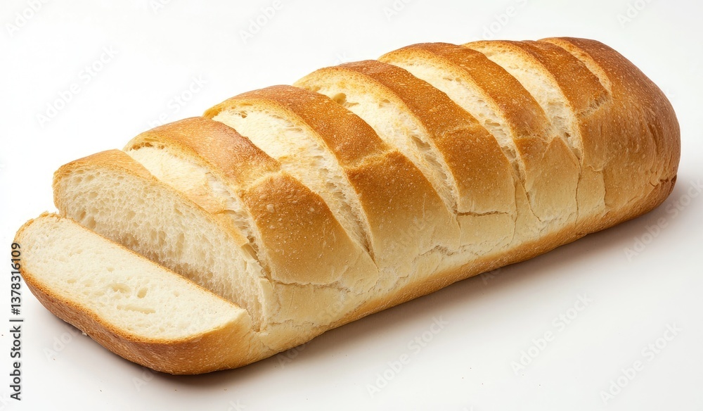 Freshly baked loaf of sliced bread. A long, sliced loaf of bread, light golden brown in color, sits angled on a white background. The slices are evenly cut, showcasing the light interior Freshly baked loaf of sliced bread. A long, sliced loaf of bread, light golden brown in color, sits angled on a white background. The slices are evenly cut, showcasing the light interior