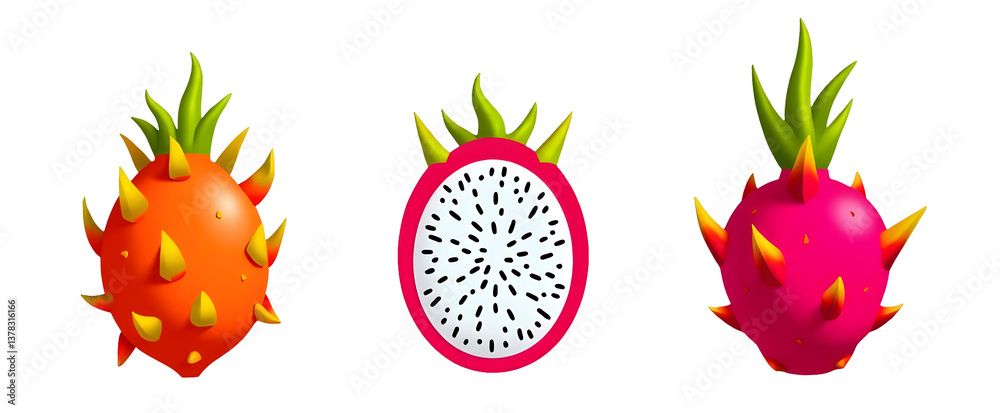 Three colorful dragon fruits displayed, showcasing unique shapes and vibrant colors. cut out,isolated, transparent background